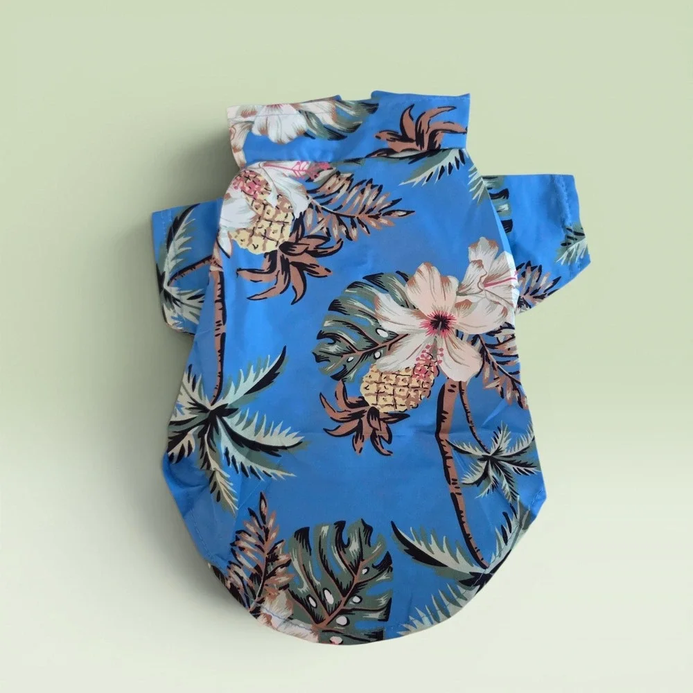 Blue Tropical Pineapple Hibiscus Print Pet Dog Shirt Small Hawaiian Aloha‎